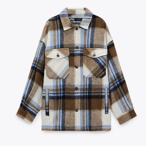 ZARA Wool Alpaca‎ Plaid Shacket Shirt Jacket Pockets Outdoors Preppy Medium - Image 10