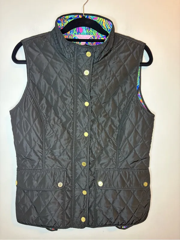 Lilly Pulitzer Getaway Black Quilted Vest Floral Lining Gold Hardware L - Image 4