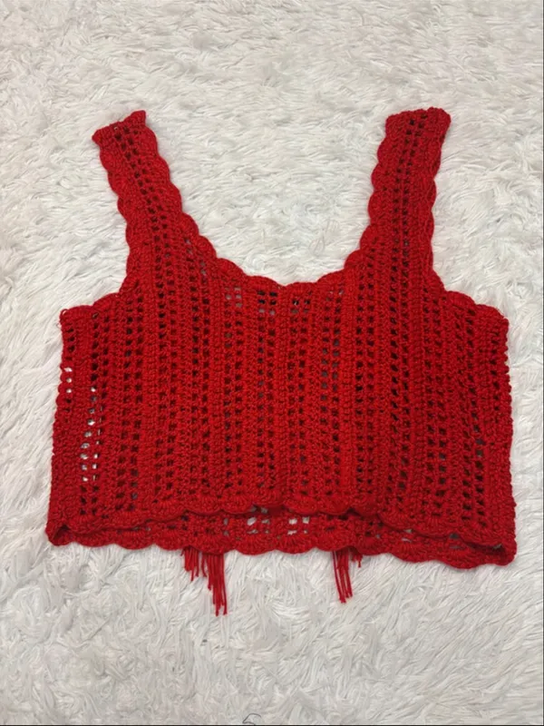 Zara Red Crocheted Fringe Crop Tank Top - Image 6