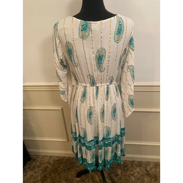 Anthropologie Me 2 Magic Boho Tassel Green White Sequin Dress Flutter Sleeve - Image 6