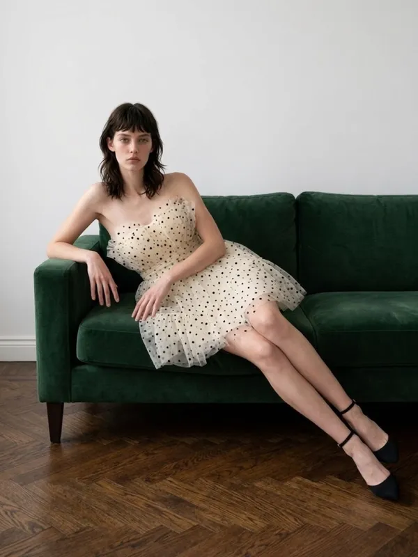 strapless tulle mini dress featuring a cream or light beige mesh fabric adorned with classic black polka dots. It is designed with a heavily ruched, pleated sweetheart bodice, a defined cinched waistband, and a voluminous tiered ruffled skirt. - Image 3