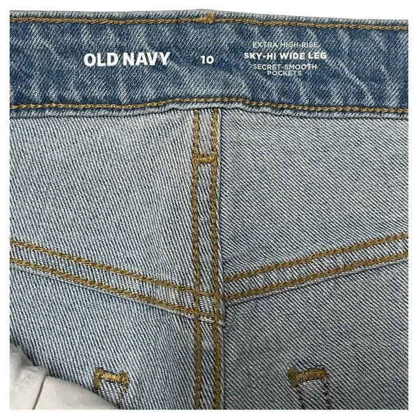 New Old Jeans Navy Womens 10 Extra High Rise Sky Hi Wide Leg Raw Hem Light Blue - Image 4