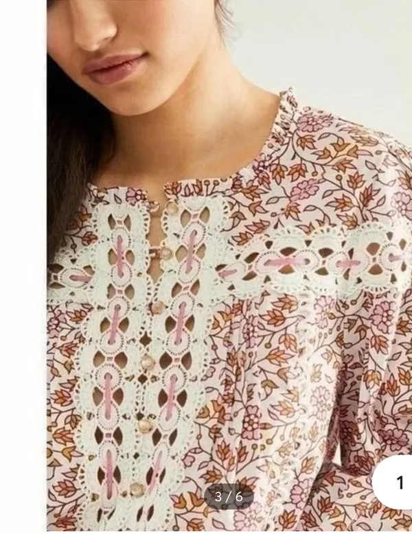 Rahi Blouse Womens Small Pearl ButtonsBoho Floral Lace-Trim Blouse - Image 2