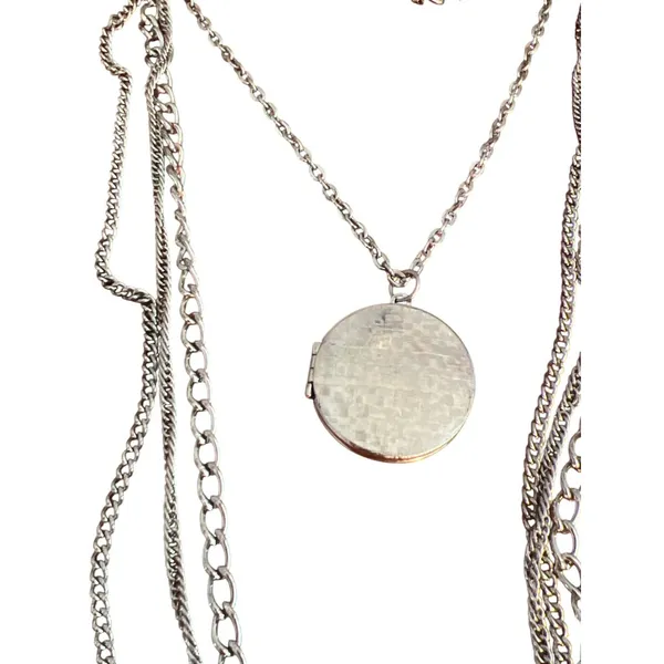 Vintage Silver Tone Multi Chain Locket Necklace Antique Portraits Layered Estate - Image 3
