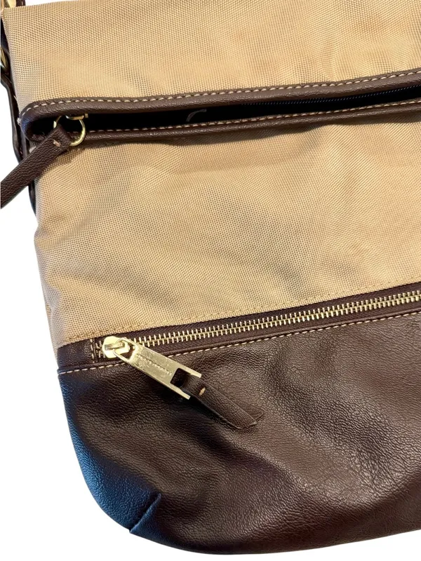 Vintage Franco Sarto Canvas Leather Fold Over Shoulder Bag in Beige/Dark Brown - Image 3
