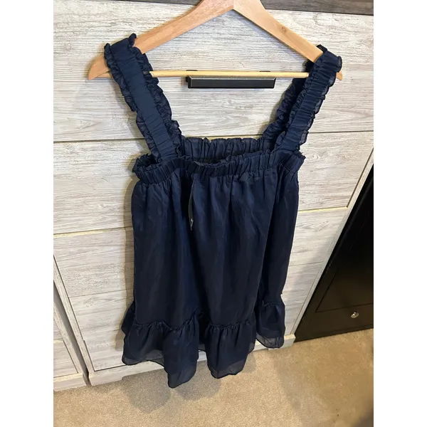 Lulus Navy Blue Ruffle Strap Mini Dress Smocked Square Neck Babydoll S - Image 3
