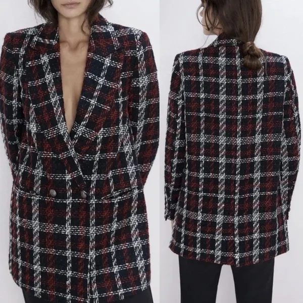 Zara Tweed Double Breasted Blazer Oversized Plaid Red Black Suit‎ Jacket Size XS - Image 2