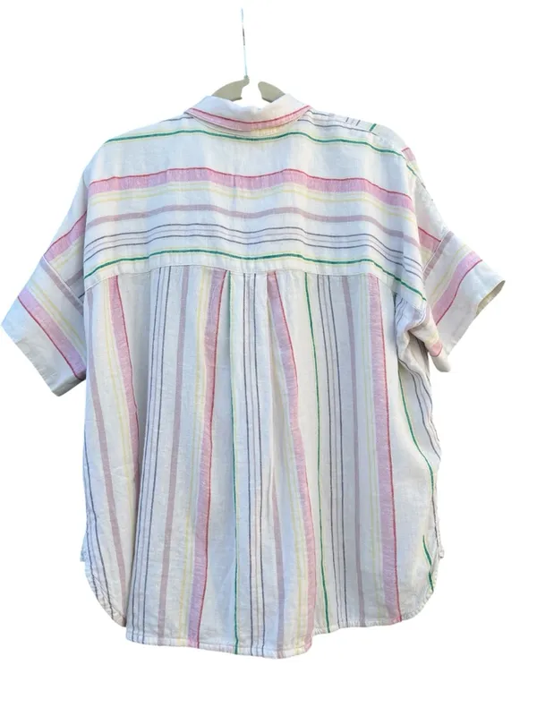 Madewell Women's Small Linen Blend Pastel Rainbow Stripe Button Up Shirt - Image 2