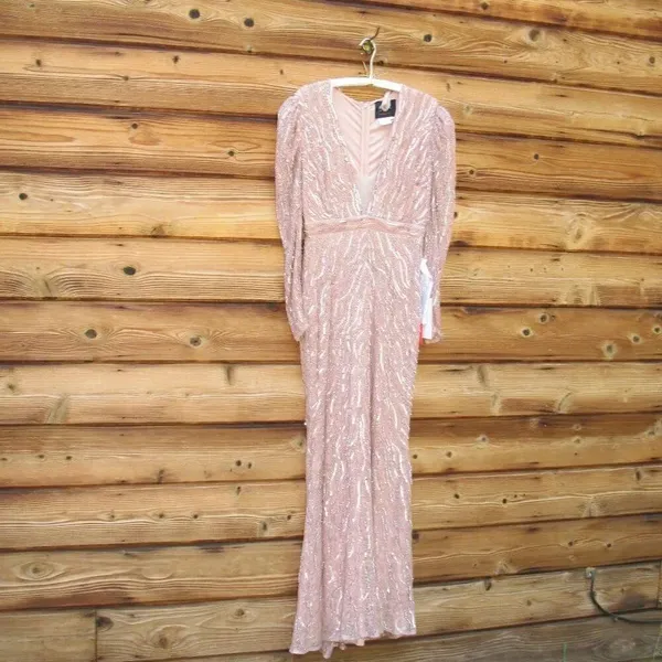 Mac Duggal Pink Size 8 Sequin Beaded Plunge Neck Long Sleeve Trumpet Gown Dress - Image 6