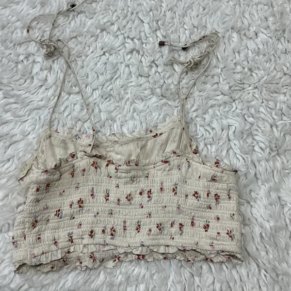 Free People Floral Smocked Crop Top Ivory Boho Tie Strap XS Cottagecore Tank - Image 4