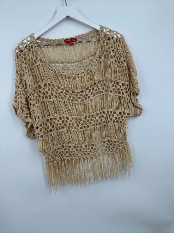 Dislay Paris Tan Open Knit Boho Short Sleeve Blouse Size Small Whimsical Fairy - Image 3