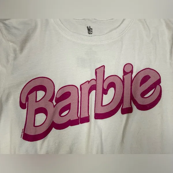 Junk Food Clothing White Tee with Pink Barbie Logo - Image 2