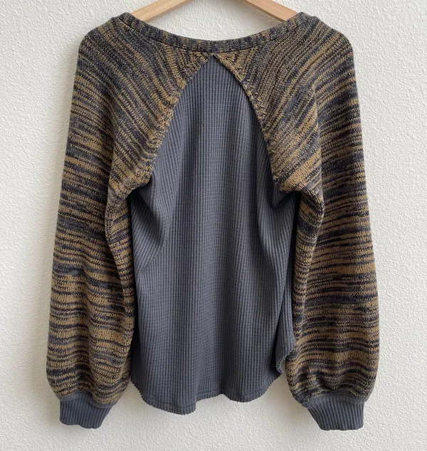 Free People Grey Yellow Stripe Sweet Confession Henley Waffle Knit Pullover - Image 10