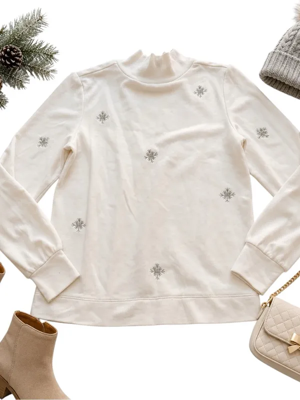 LOFT Ivory Snowflake Embroidered Mock Neck Sweatshirt Winter Cozy Small in GUC - Image 2
