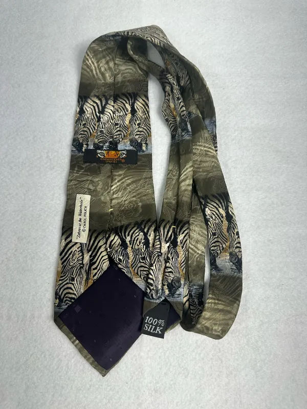 Endangered Species Mens Tie Silk Art Zebras At The Waterhole Necktie Vintage - Image 2