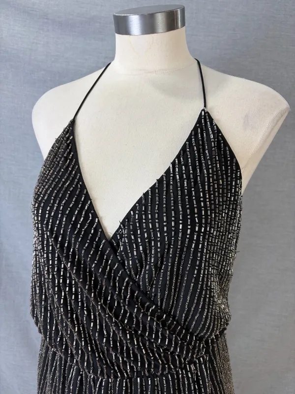 Parker NY‎ Black Silver Bugle Bead Halter Mini Dress Size 0 - Image 3
