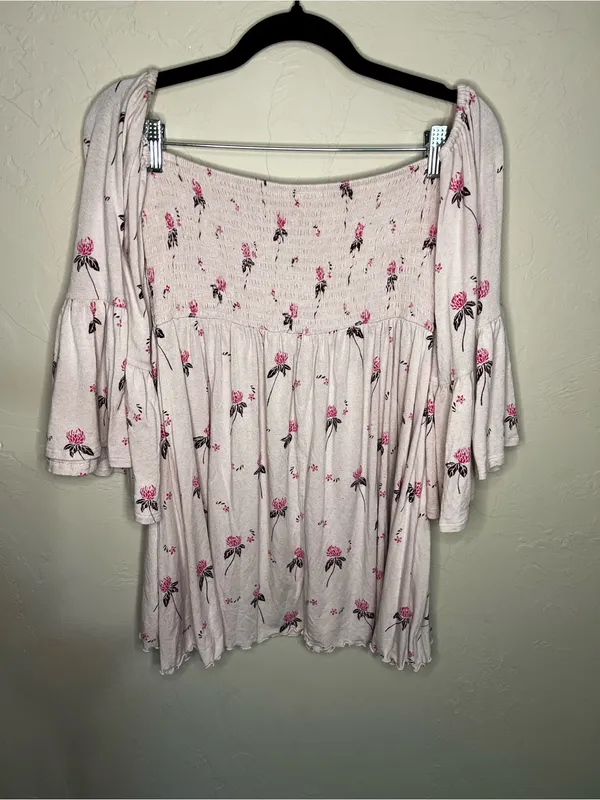 Free People Lana Off Shoulder Pink Berry Floral Smocked Babydoll Boho Top - Image 7