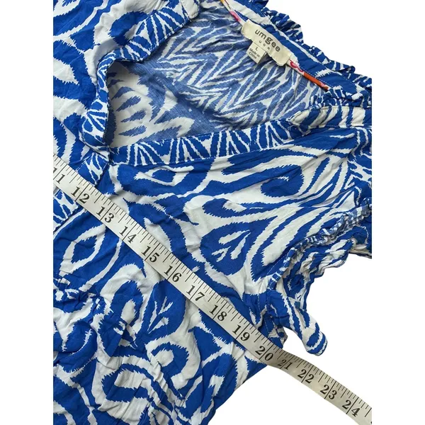 Umgee USA Blue‎ White Ikat Damask Ruffle Sleeve Midi Babydoll Dress Large B8620 - Image 7