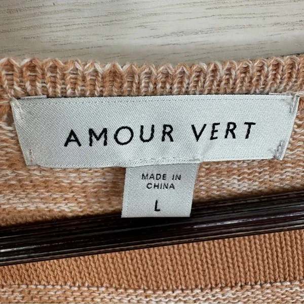 Amour Vert‎ Vivienne Striped Knit Sweater Dress Tan White Large Puff Sleeve Midi - Image 11