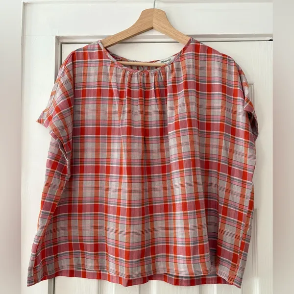 Madewell Orange White Plaid Shirred Cotton Blouse Size XS Oversized Boxy‎ EUC - Image 3