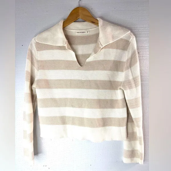 Moon & Madison M Cream Knit Cotton Rugby Striped Long Sleeved Crop Top - Image 7