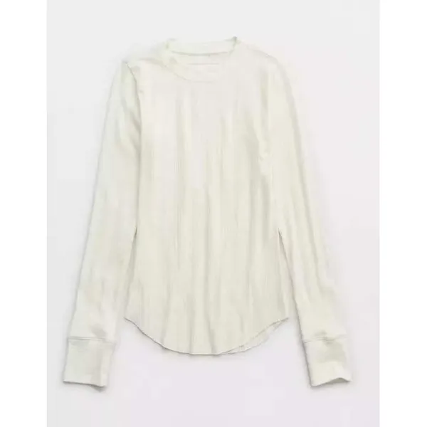 Aerie Cream Essential Crewneck Layering T-Shirt Ribbed‎ XL - Image 3