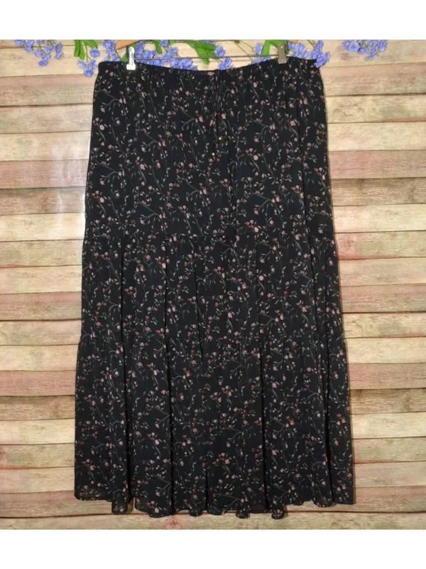 Boho Ava & Viv Chiffon Maxi Skirt 1X Plus Black Micro Ditsy Floral Tiered MINT - Image 5