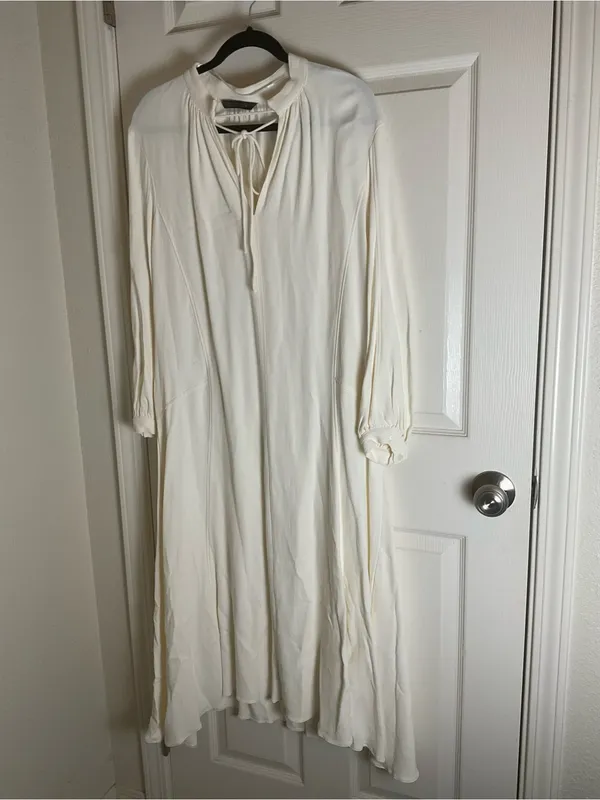 Zara ZW Collection Oyster White V-Neck Tie Front Long Sleeve Midi Dress Large - Image 3