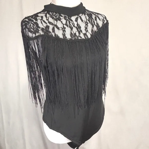 Fringe Lace Bodysuit Womens XL Black Mock Neck Western Clubwear‎ Festival Party - Image 2