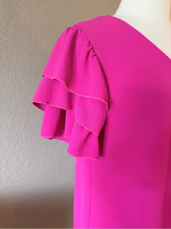 Entro Hot Pink Tiered Ruffle Sleeve V Neck Blouse Top Medium - Image 3