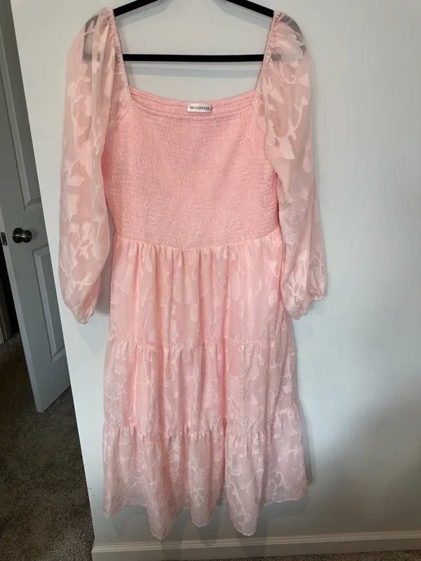 Midi Dress Size XL Pink Smocked Long Sleeve - Image 6