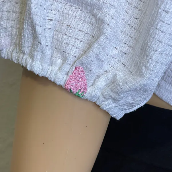 Strawberry Printed 5/8 Sleeve Waist Tie Crop Top White Pink Large - Image 9