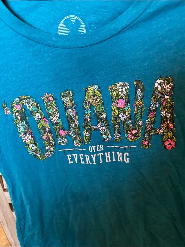 Teal Graphic Tee "Over Everything" Floral Lettering Small Blue - Image 2