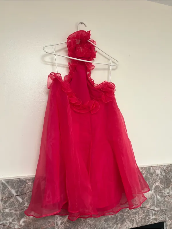 Lovers + Friends Capri Mini Dress Size S Hot Pink Halter Babydoll Organza Party - Image 5