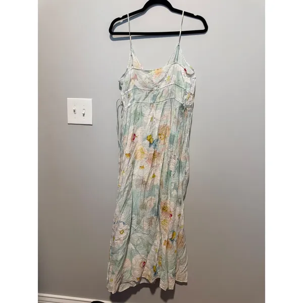 HM Floral Maxi Dress Small Blue Watercolor Crinkle Spaghetti Strap V-Neck Tie - Image 2
