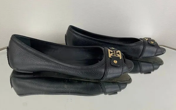 Black Leather Clines Peep-Toe Ballerina Flats - Image 3