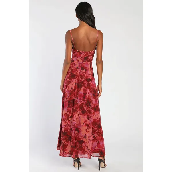 NWT Lulus Beautiful Soul Burgundy Floral Print Twist-Front Maxi Dress Cruise M - Image 3