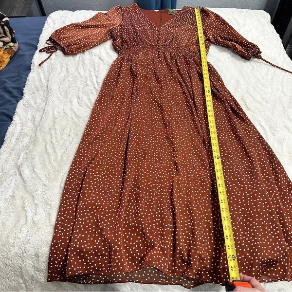 Taylor Rust Polka Dot Midi Dress Size 16 V-Neck Smocked Boho Chic - Image 8