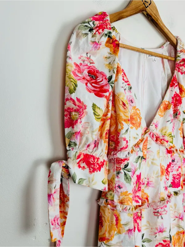 For Love & Lemons Julep Linen Blend Floral Mini Dress Coral Romantic. Small - Image 2