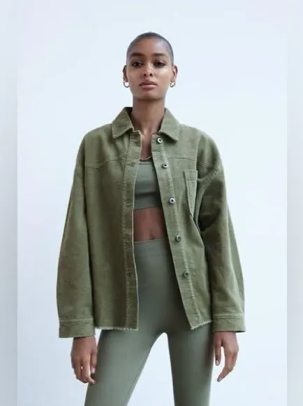Zara Jacket Corduroy Overshirt Olive Green Women Size Large Oversized - Image 2