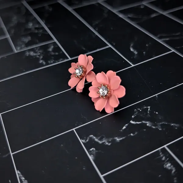 Vintage Stud Earrings Peachy Pink Flower with Gem Retro Floral - Image 2
