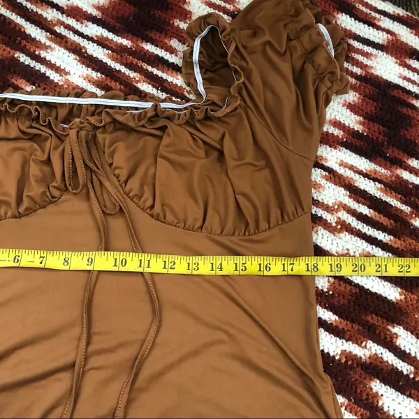 2000s Brown Whimsygoth Coquette Sweetheart Ruched bust Babydoll Bow Tie Front Top Shirt Blouse Short Sleeve Ruffle #Y2K #Whimsigoth #fairy Measurement in pics (has stretch) - Image 4