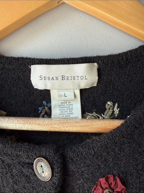 Vintage Susan Bristol Wool Black Floral Embroidered Cardigan Sweater - Image 2