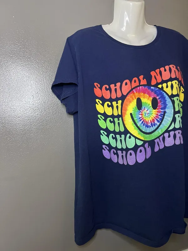 Delta Shirt Womens 2X Blue School Nurse Smiley Face Tie Dye Graphic Tee Shirt - Image 3