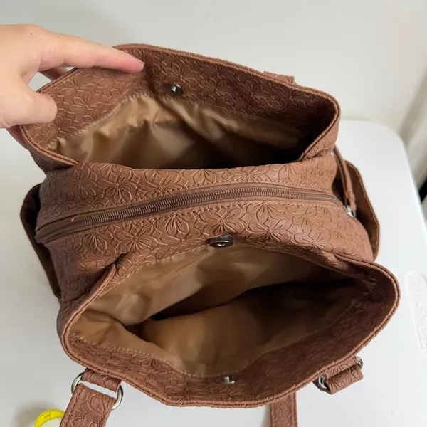 MultiSac brown tan floral Embossed Shoulder Bag buckle slouchy pockets purse - Image 6