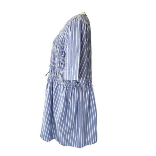 Apiece Apart Adorna Smocked Striped Cotton Mini Dress Blue White Size Medium - Image 6