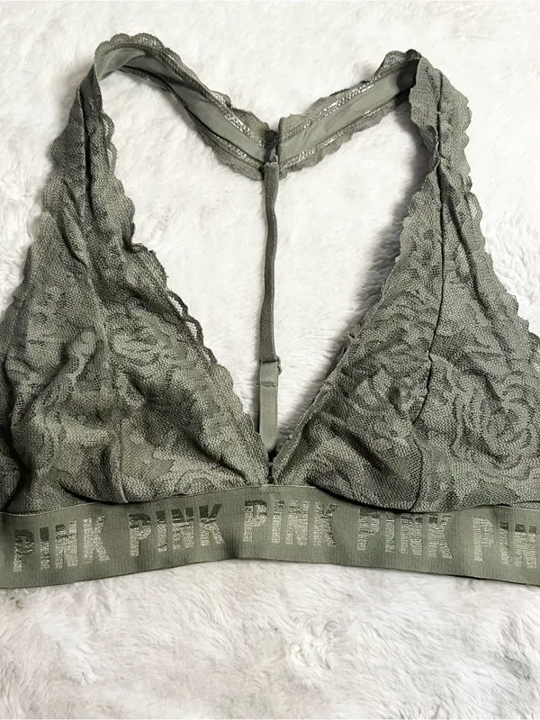 VS PINK Olive Green Lace T-Back Bralette Size Medium Wireless Comfort Bra - Image 9