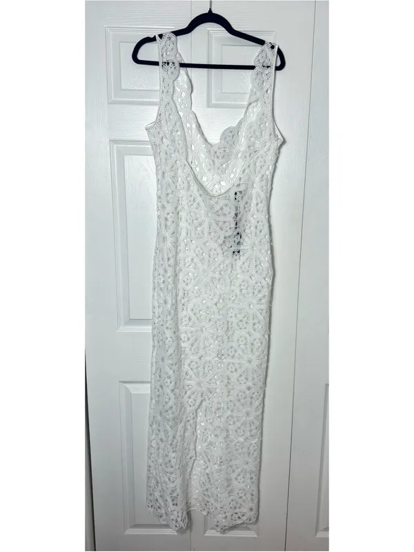 PrettyLittleThing White Flower Crochet Plunge Beach Cover Up Maxi Dress XL NWT - Image 10