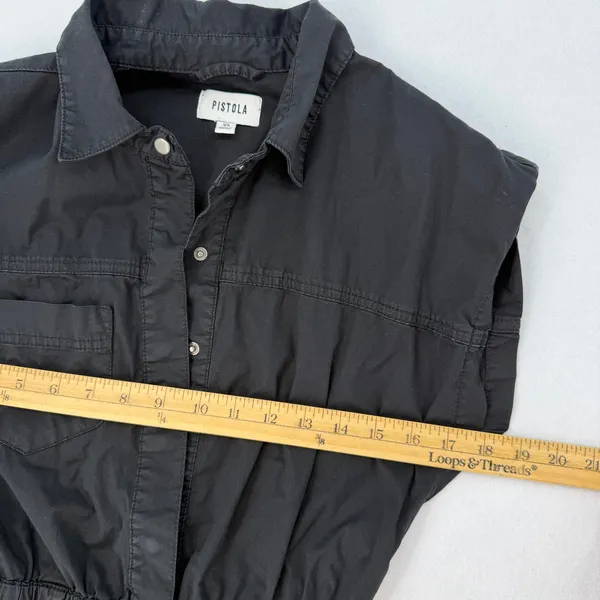 PISTOLA Rosie Black Utility Mini Shirt Dress Snap Front Elastic Waist Size XS - Image 7