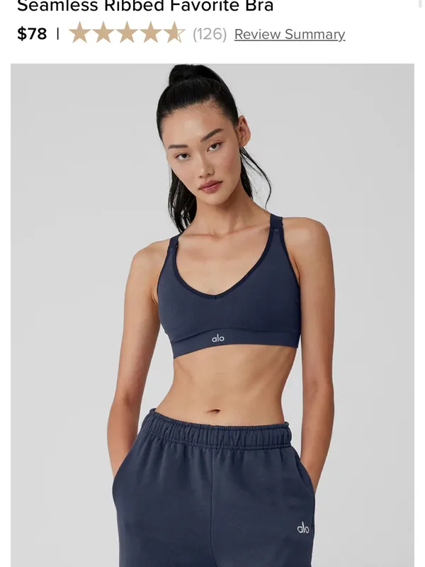 ALO Yoga Navy Ribbed V-Neck Sports Bra - Image 3